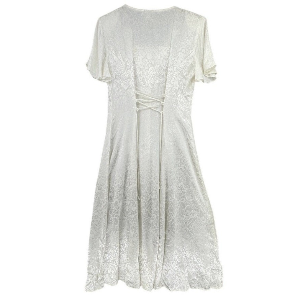 VTG Jody California 90s Ivory Floral Jacquard Lace Up Midi Dress USA 32x50" - Picture 3 of 9